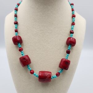 Vintage Polished Red Chunky beads and Turquoise color Beaded Necklace